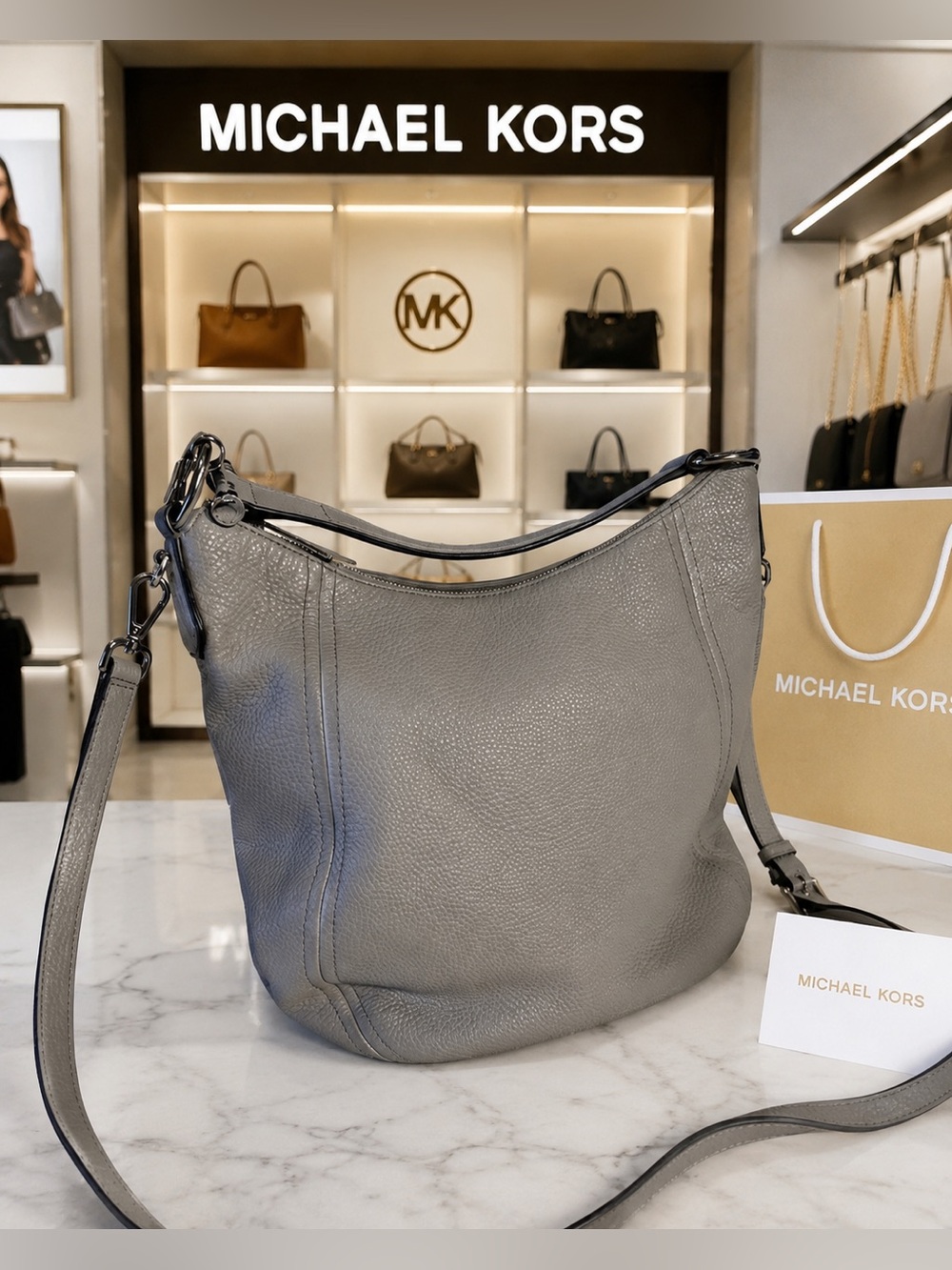 ✨ Michael Kors Julia Gray Pebbled Leather Convertible Shoulder Bag Hobo EUC